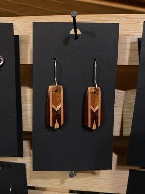 Handmade Geometric Wood Inlay Dangle Earrings - Brown Tones